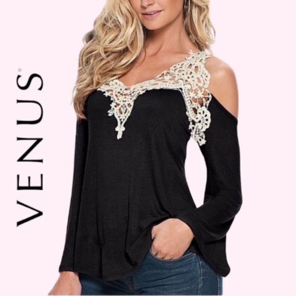 Venus Black & White Lace Cold Shoulder Long Sleeve Top Blouse